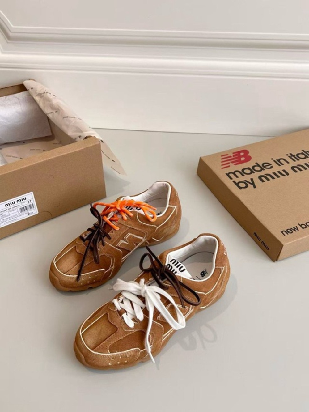 Miu Miu Brown Suede Sneakers with Multi-Color Laces